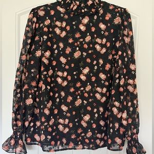 Textured, floral, long sleeve, mock neck, slight balloon sleeve blouse
